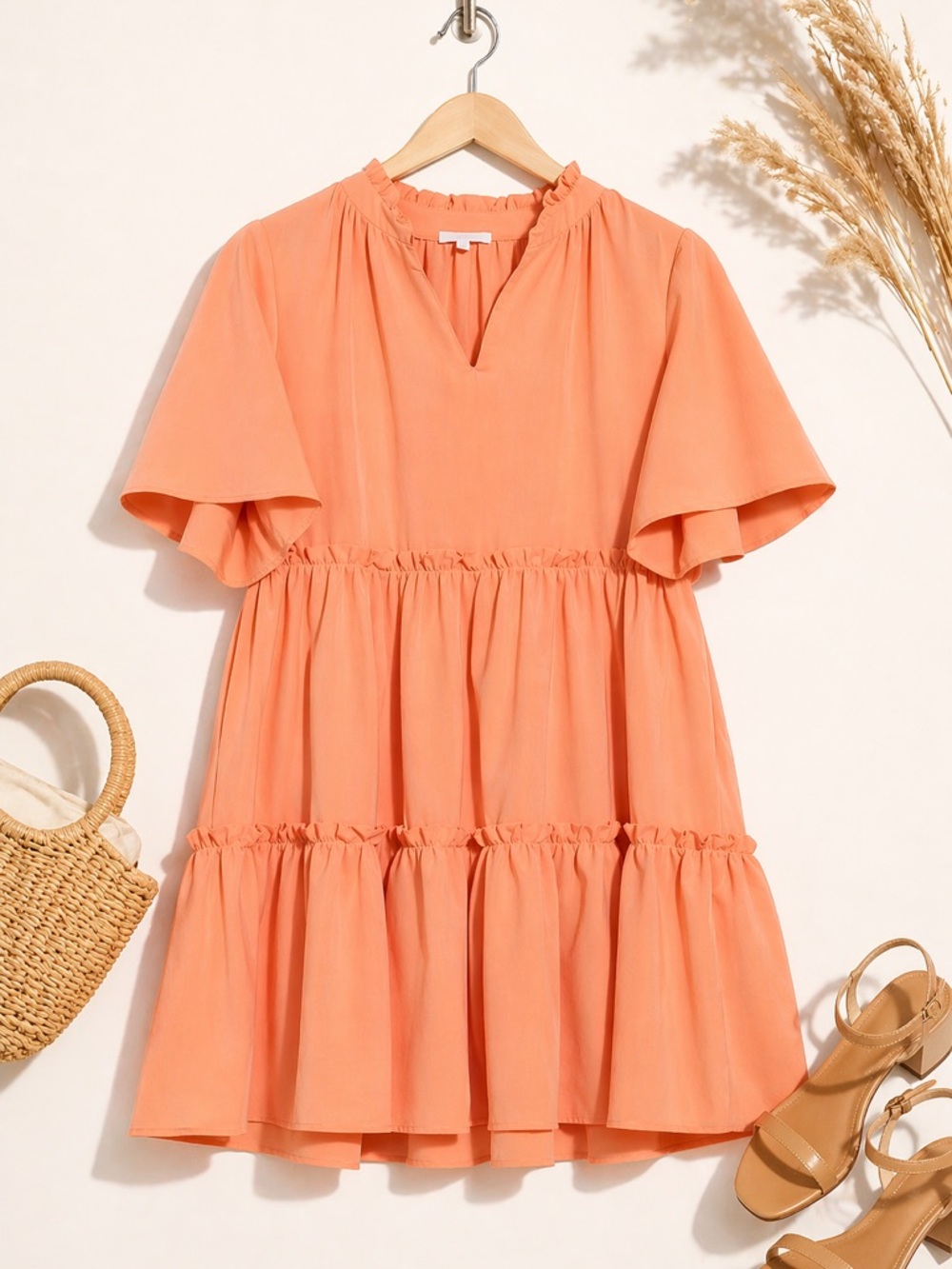 NWT Area Stars Coral Tiered Trapeze Dress Split Neck Flutter Sleeve Pockets M